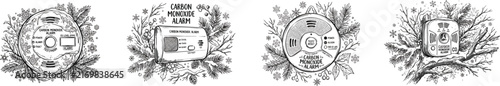Carbon Monoxide Alarm organic black and white winter line art, vector watercolor style isolated on white