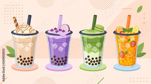 Boba shop drink collection featuring milk tea, taro, matcha and fruit tea with tapioca pearls, ice and toppings in modern flat design illustration.
