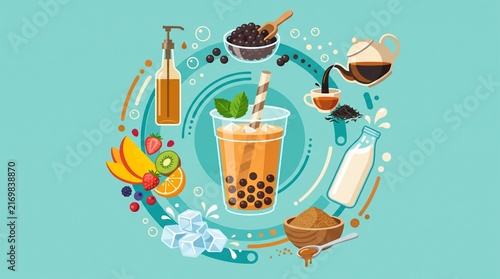 Boba drink ingredients including tapioca pearls, tea, milk, brown sugar, fruit, ice and syrup arranged in a creative flat design composition.