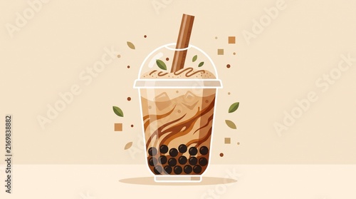 Classic brown sugar milk tea with tapioca pearls, ice cubes and caramel swirls presented in a modern colorful flat design boba illustration.