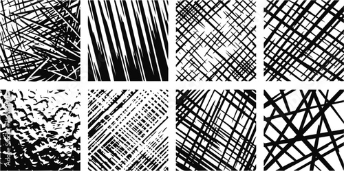 Monochrome vector graphic set featuring multiple abstract line patterns and rough hand drawn sketch texture strokes