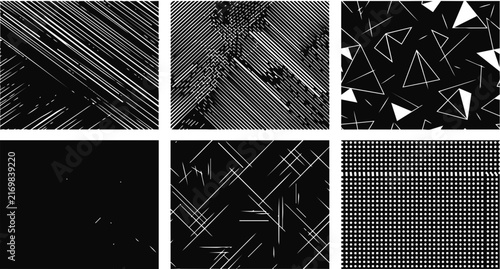 Abstract geometric vector background set featuring various monochrome patterns of sharp lines and creative shapes