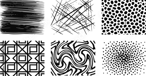 Monochrome abstract vector graphic patterns featuring diverse artistic textures including geometric lines swirls and organic shapes