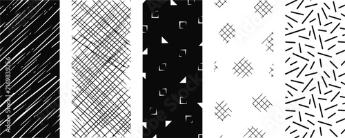 Minimalist black and white hand drawn vector pattern set featuring abstract geometric shapes and lines