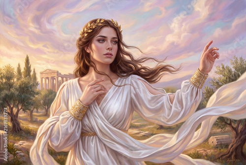 Majestic Greek goddess in a flowing white dress posing gracefully near ancient ruins during a sunset.