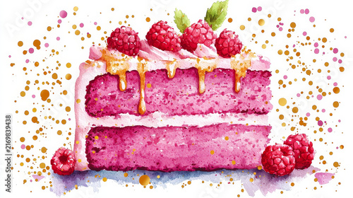 Watercolor cake slice raspberry pink dessert sweet icing berry hand painted artistic food illustration dripping leaf festive celebration gourmet delicious bakery confection layered fruit isolated