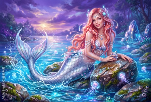 Enchanting fairytale mermaid with long pink hair resting gracefully on river stones amidst glowing magical jellyfish.