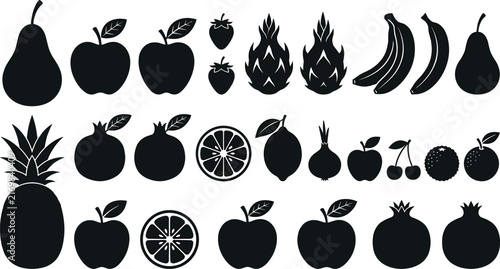 Black Fruit Silhouette Icon Set Featuring Apple Banana Pineapple Pear Orange Cherry Strawberry and Dragonfruit Shapes for Food Graphic Design Projects