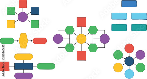 Colorful Infographic Flowchart Diagram Template Set with Mind Map Structures Process Schemes and Corporate Hierarchy Chart Elements for Business Presentations