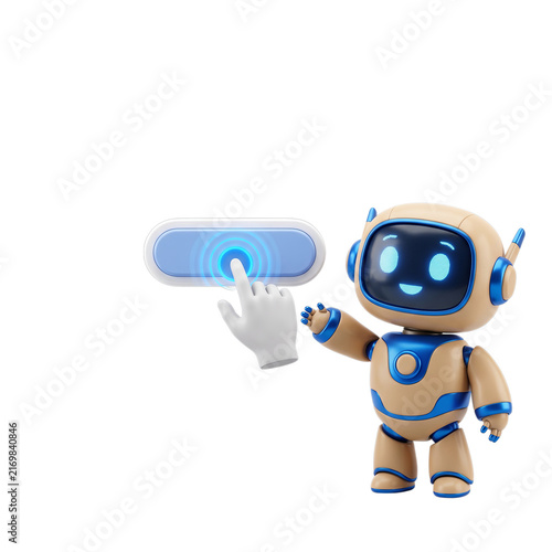 Orange AI robot pressing holographic button