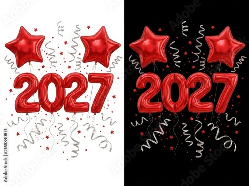 Red 2027 foil balloons with stars and ribbons for new year celebration, isolated on white background and black background