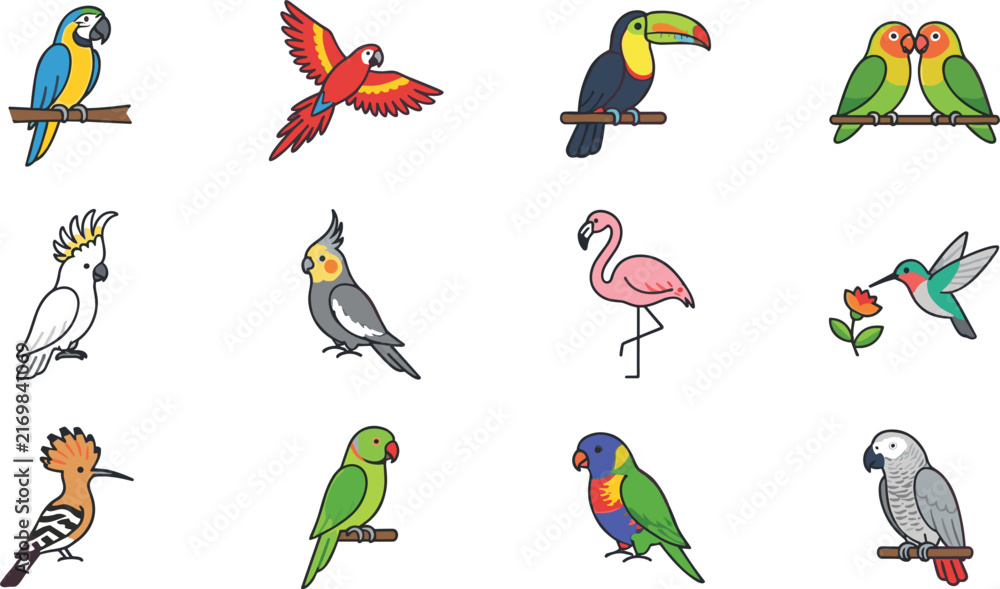 Naklejka premium Cute Cartoon Tropical Birds Vector Icon Set Featuring Parrot, Toucan, Flamingo, and Exotic Avian Species for Kids Illustrations and Educational Designs
