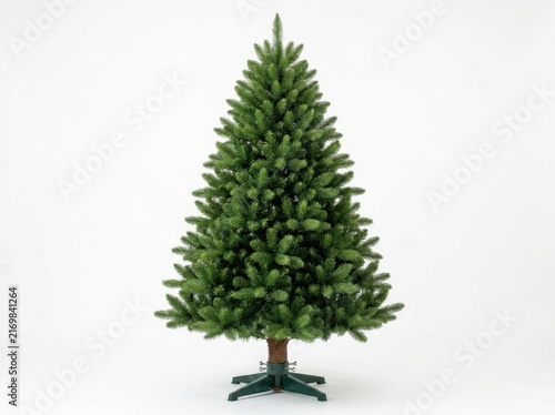 Artificial green christmas tree with stand isolated on white background