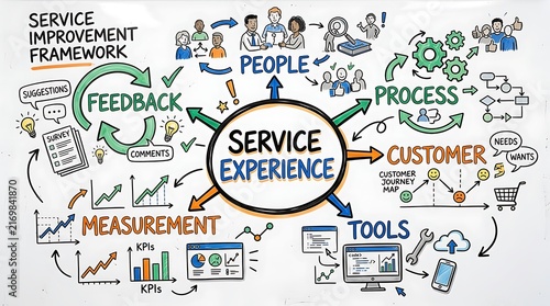 A comprehensive service improvement framework mind map illustrating key business experience components and strategies.