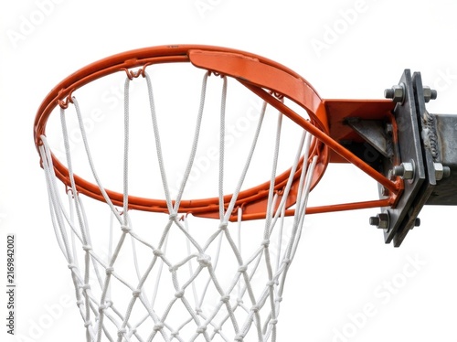 Orange basketball hoop with white net isolated on white background
