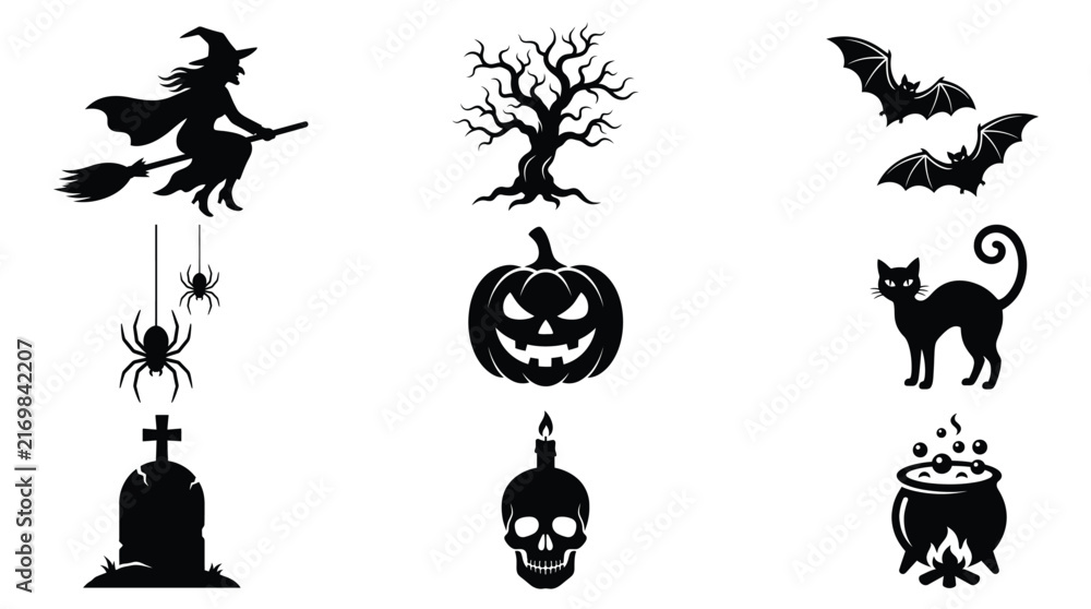 Fototapeta premium Set of halloween silhouettes featuring a witch on a broom, spooky tree, bats, spiders, jackolantern, black cat, tombstone, skull with candle, and a bubbling cauldron