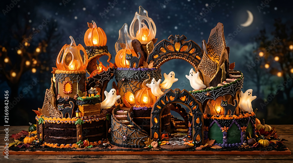 Fototapeta premium Spooky Halloween gingerbread house with glowing pumpkins and ghosts at night.