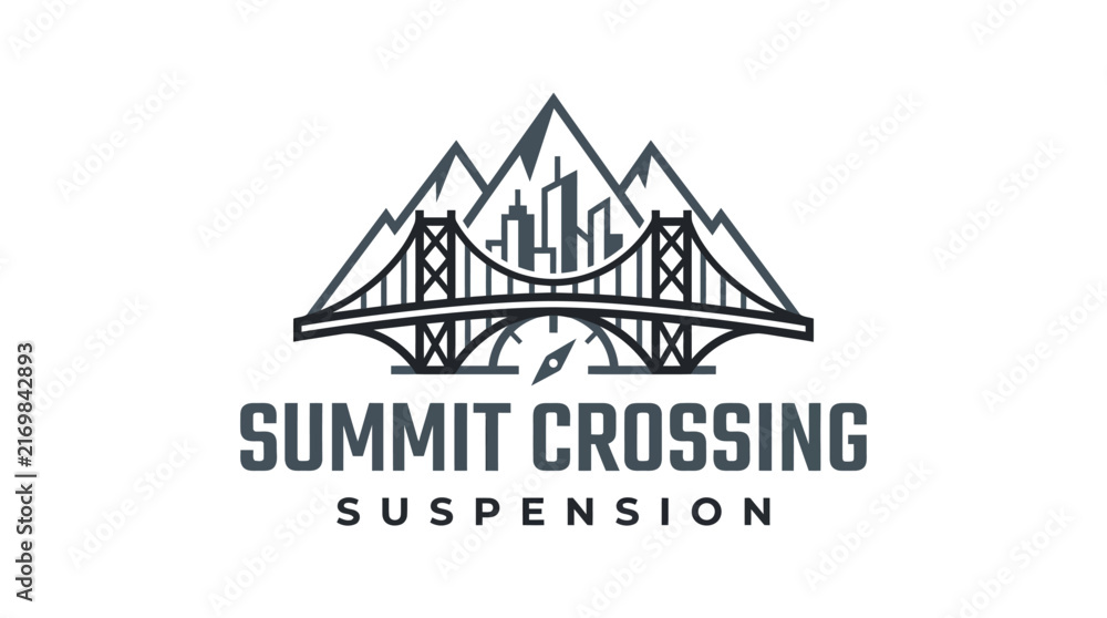Obraz premium Vintage logo design featuring a suspension bridge and mountain range with city skyline.