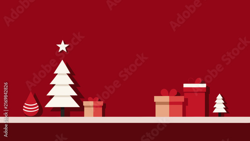 Stylized white fir trees and red gift boxes on deep burgundy background create sophisticated holiday layout for corporate invitations.