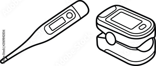 Digital body thermometer and finger pulse oximeter for measuring health status indicators during home care checkups to monitor wellness levels and evaluate vital signs for patients in daily