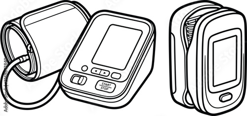 Digital arm blood pressure monitor and pulse oximeter device displayed as professional medical equipment for monitoring vital signs to ensure health safety during routine wellness checkup