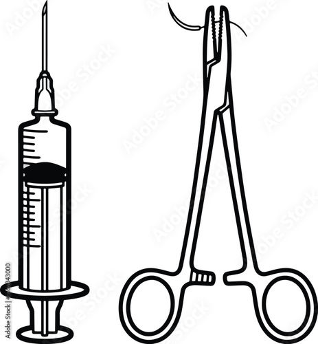 Medical syringe and metal surgical needle holder tool for suturing wounds shown as linear outlines for professional healthcare practitioners who require standard equipment during emergency
