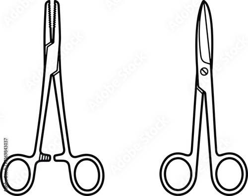 Professional medical grade surgical tools consisting of heavy duty steel clamps and sharp scissors used by surgeons during healthcare operations to perform precision procedures for patients in