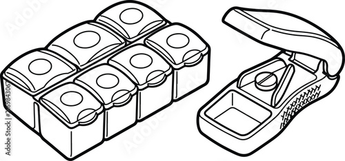 Daily medication organizer storage box accompanied by a handheld pill cutting device for convenient and safe tablet management during travel or routine health maintenance at home every single