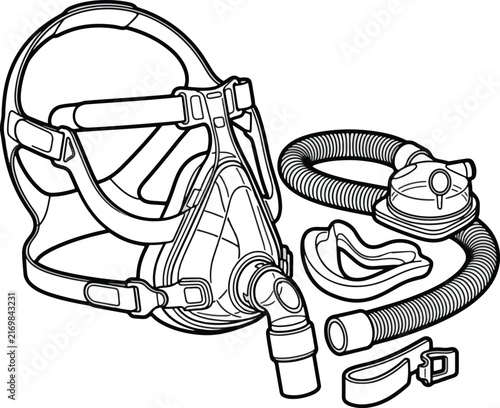 Medical respiratory apparatus for sleep apnea therapy featuring a comfortable facial interface with adjustable headgear straps and flexible breathing tubing for patient health support and care