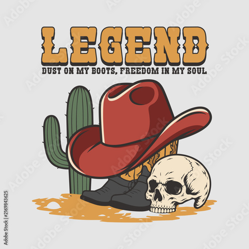 A classic desert-themed Western illustration featuring a brown cowboy hat sitting on a pair of leather boots next to a human skull and a tall saguaro cactus.