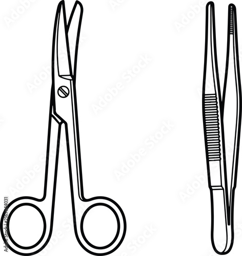 Medical surgical scissors and metal grasping forceps set for healthcare professionals working in clinical environments requiring precision tools for performing routine procedures during daily
