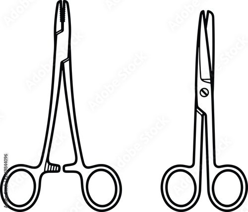 Medical forceps and surgical scissors drawn in black line art style represent essential clinical tools used during hospital operations, healing procedures, emergency healthcare and patient