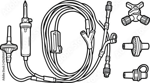 Medical intravenous infusion tubing set with various specialized connectors and flow control components for hospital patient care applications used by nurses and doctors during clinical