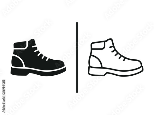 Foto Outline and black fill icon set featuring a hiking boot or work shoe footwear