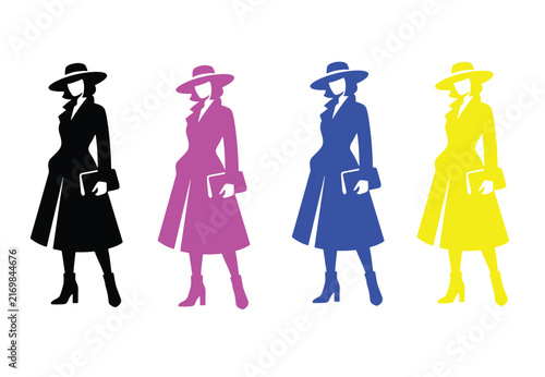 Four distinct silhouettes of stylish women wearing elegant coats and hats presented in multiple vibrant colors showcasing classic fashion trends and apparel styles for creative design projects