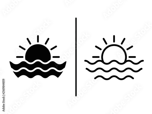 Obraz na płótnie Outline and black fill icon set depicting a sun setting over ocean waves