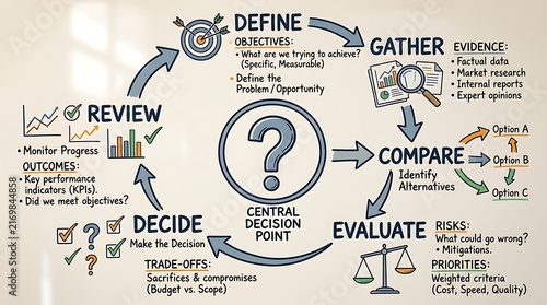 A comprehensive circular diagram illustrating a structured business decision making process and problem solving methodology.