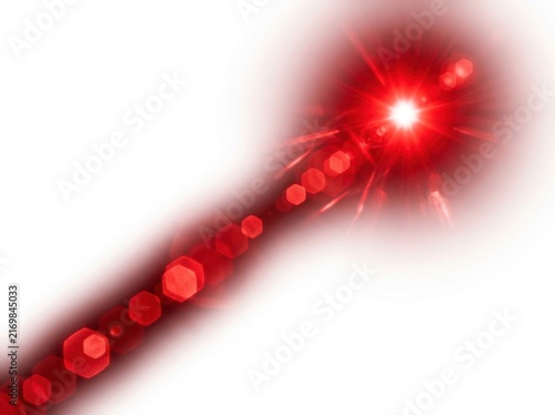 Bright red lens flare effect with hexagonal bokeh light spots isolated on white background