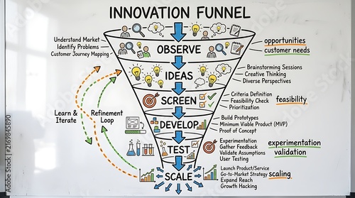A visual whiteboard diagram illustrating the innovation funnel process from observation to scaling a product.
