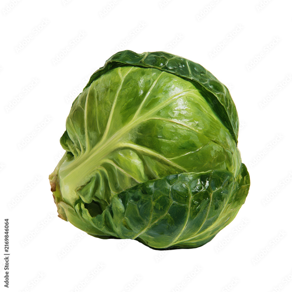 Fototapeta premium Single Brussels sprout placed on a white background showcasing its round shape and green texture in a simple and clear view