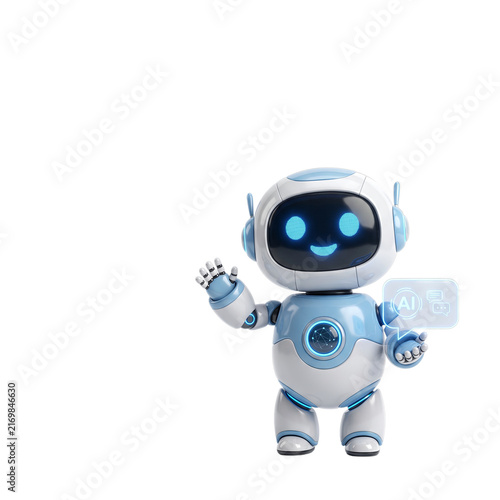 White AI robot waving with digital AI panel