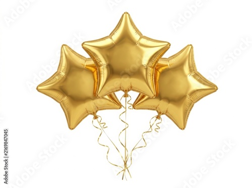 Three shiny gold starshaped balloons isolated on white background