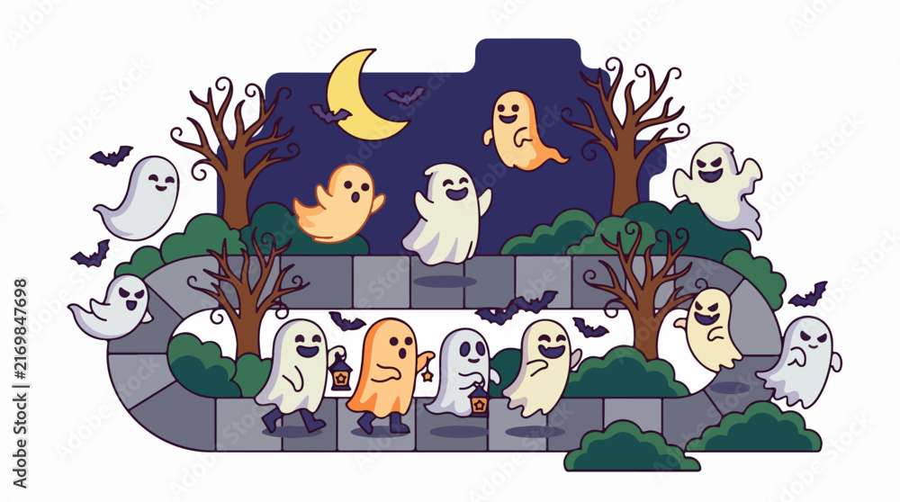 Naklejka premium Playful Ghosts in Spooky Halloween Scene