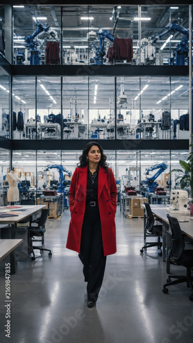 Businesswoman in a red coat walks through a bright garment manufacturing facility with sewing stations, mannequins, machinery, and robotic equipment.