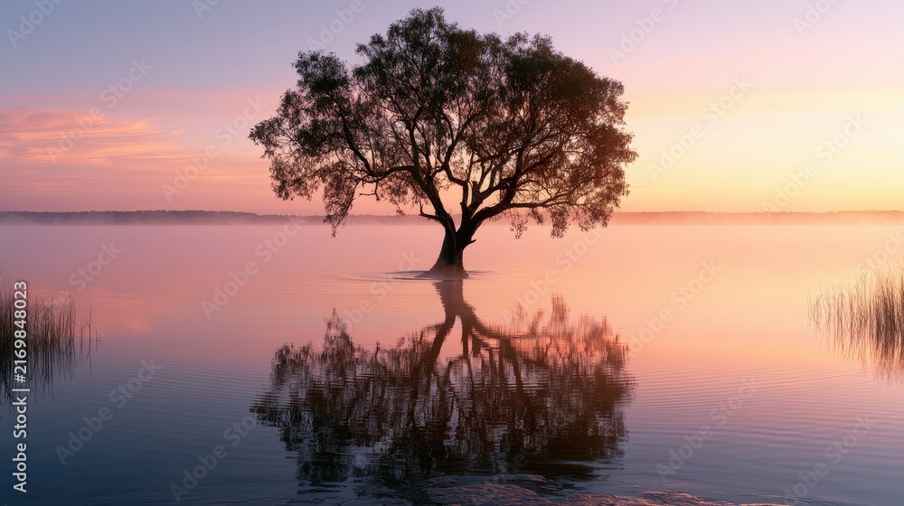 Naklejka premium Serene Reflections: Tree Reaching from Tranquil Water at Daybreak
