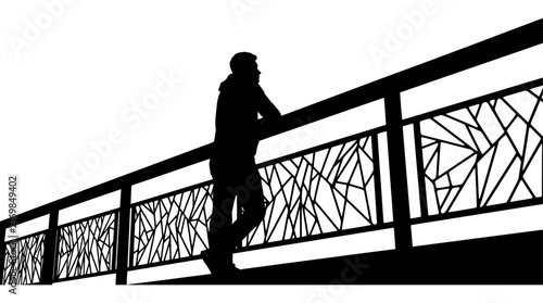 Man Leaning Against Geometric Railing Black And White Silhouette