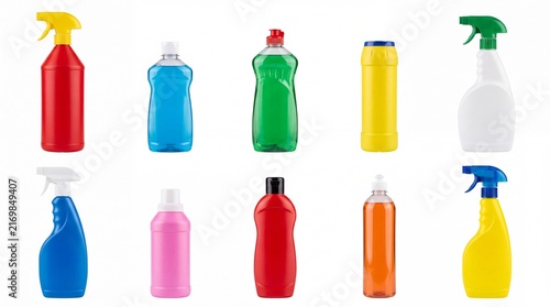 Collection of colorful plastic cleaning spray bottles and various liquid detergent containers arranged in neat rows isolated on white background
