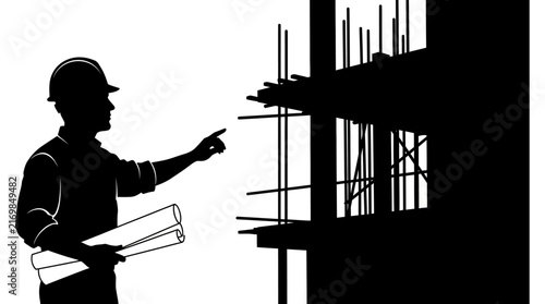Construction worker with blueprints and building framework black silhouette