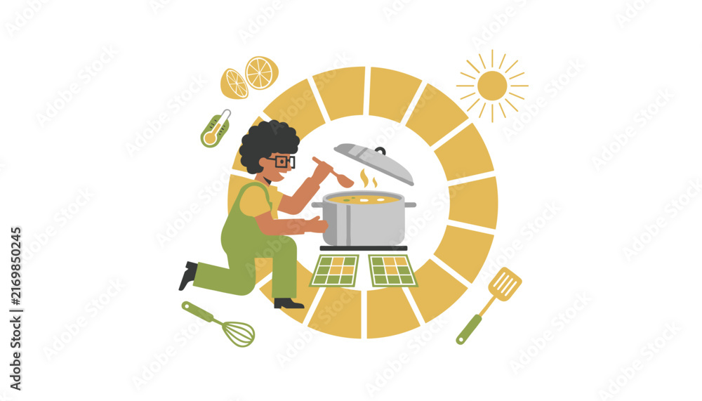 Fototapeta premium Cooking process powered by sustainable solar energy featuring a kitchen scene with solar panels and nutrition symbols.