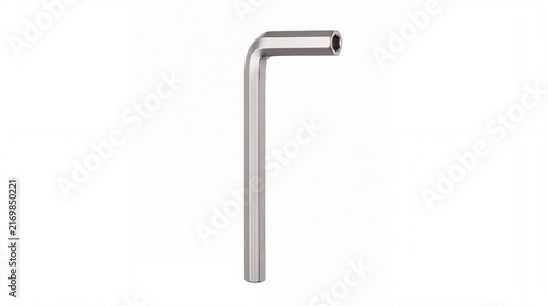 Metallic hex key or allen wrench for furniture assembly featuring shiny stainless steel material isolated on white on white background
